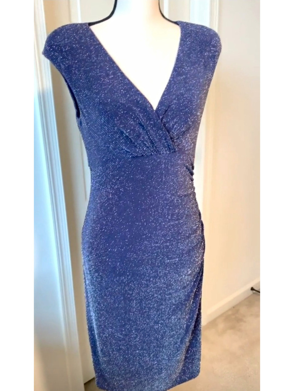 Lauren Ralph Lauren Navy Blue Metallic Glitter Wrap Cocktail Dress Size 8